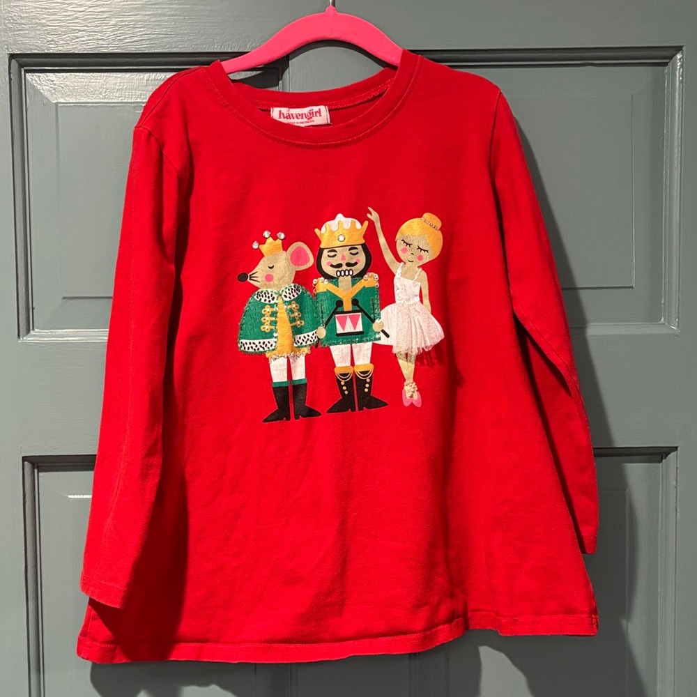 Havengirl Nutcracker Red Long Sleeve Kids Tee with Nutcracker Trio Size 6